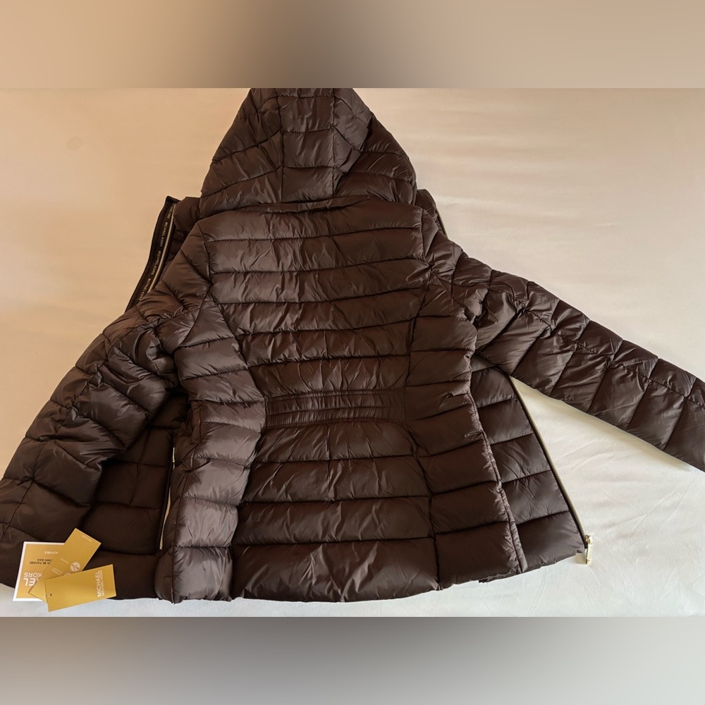 Michael Kors Chocolate Packable MK Puffer Jacket Hood Detachable Coat NWT - Picture 5 of 11